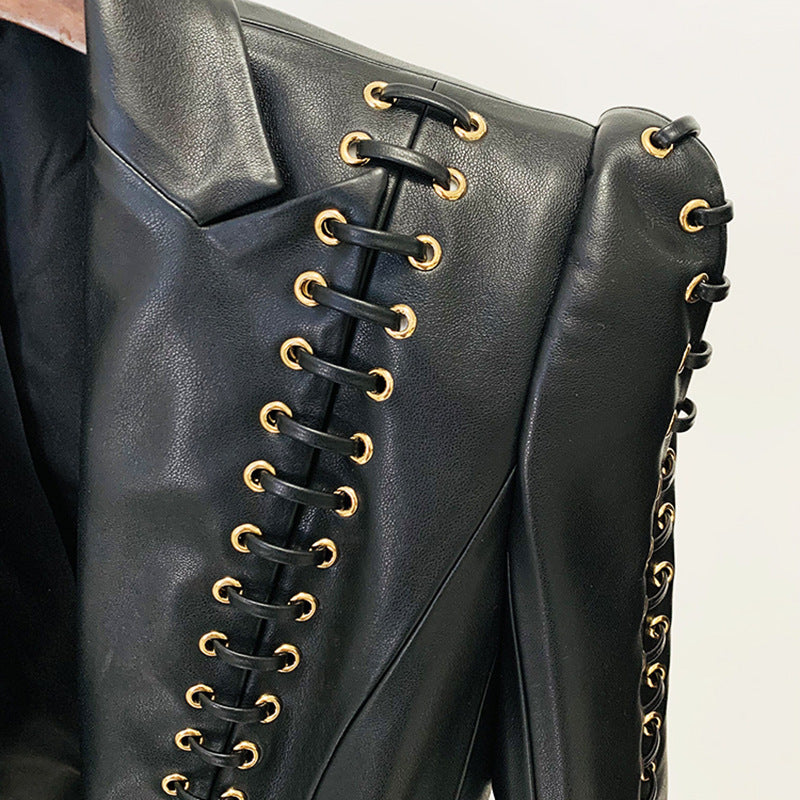 Heavy Industry Eyelet Rope Slim PU Coat And Skirt Set