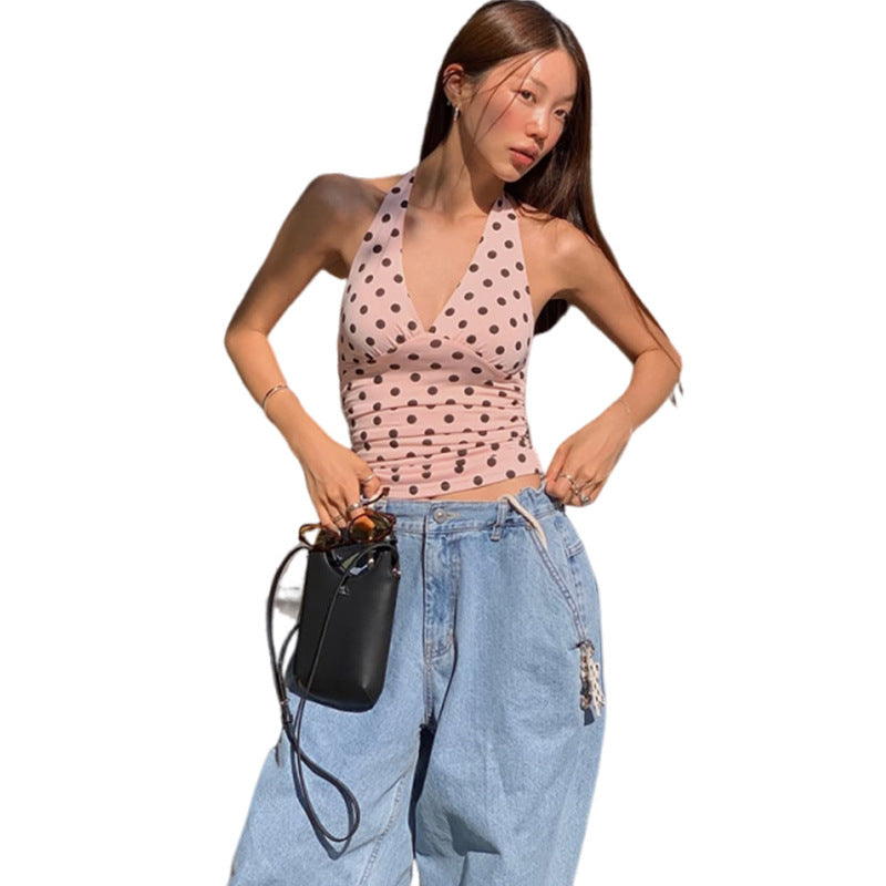 Polka Dot Halter Neck Bodycon Tank Top For Women