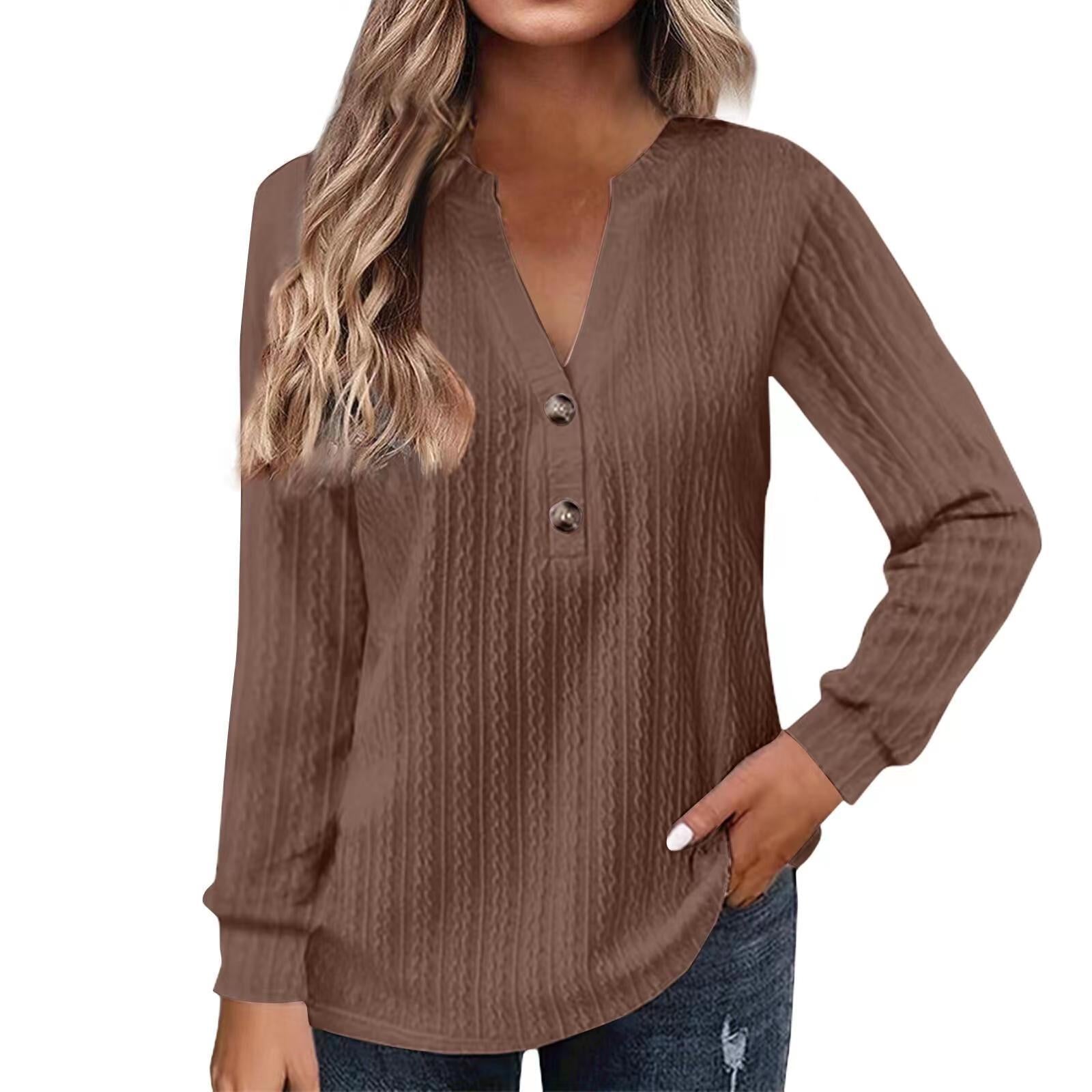Women's Long Sleeve V-Neck Buttoned Solid Color Casual T-Shirt