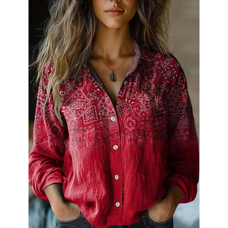 Vintage Retro Print Long Sleeve Lightweight Casual Button Shirt