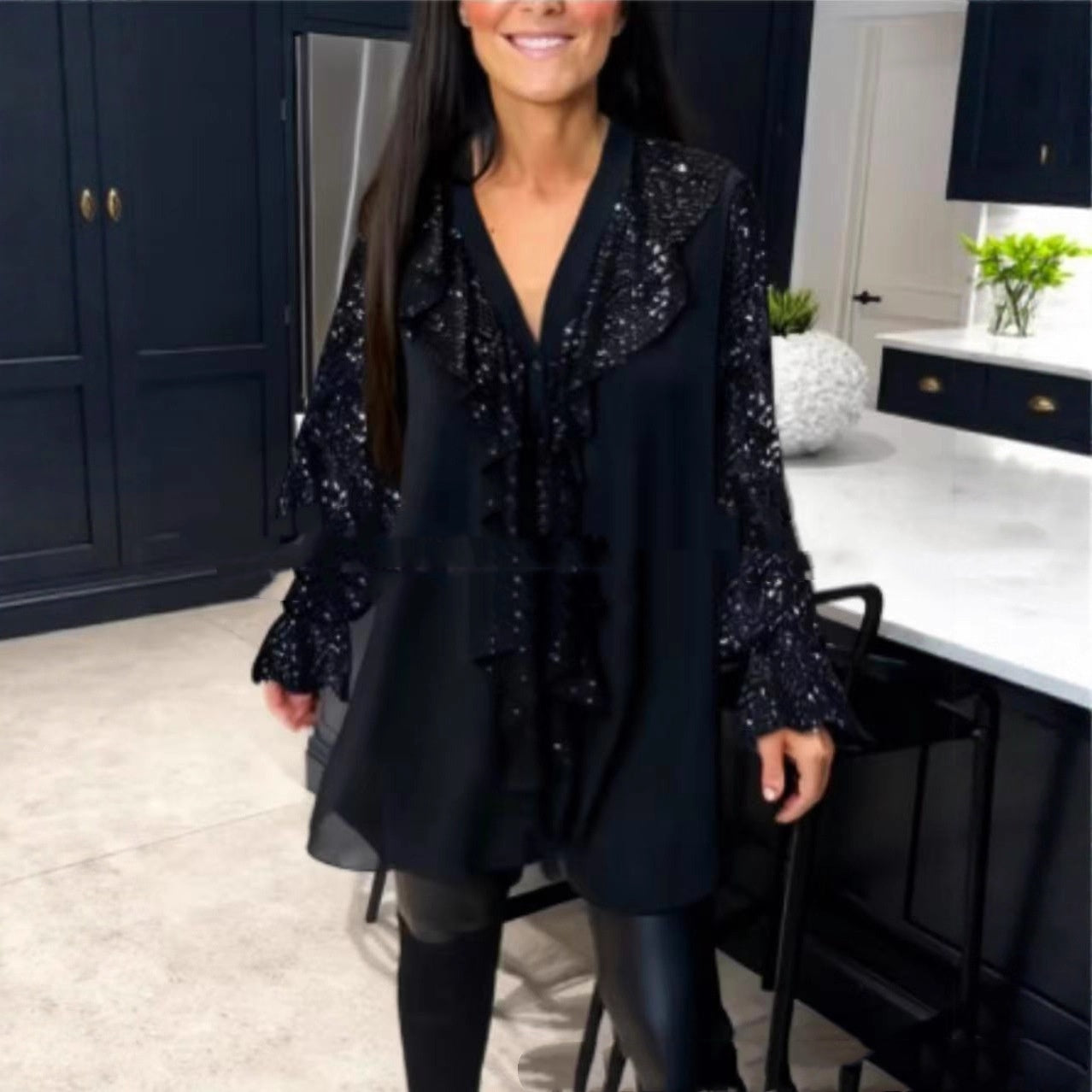 Loose Fit Sequin Patchwork Long Sleeve Chic Everyday Blouse