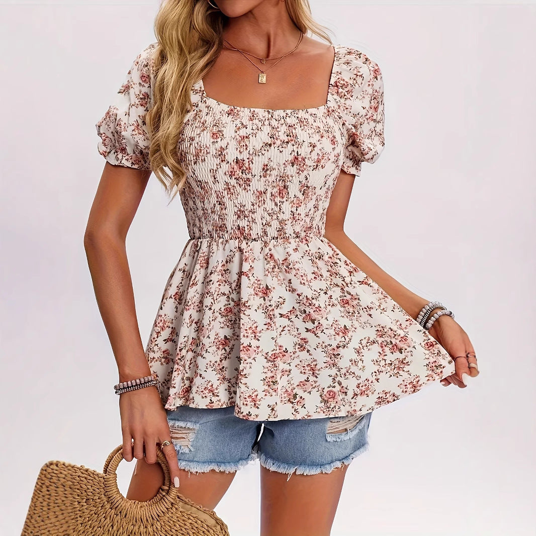 Square Neck Smocked Floral Puff Sleeve Vacation Blouse For Women