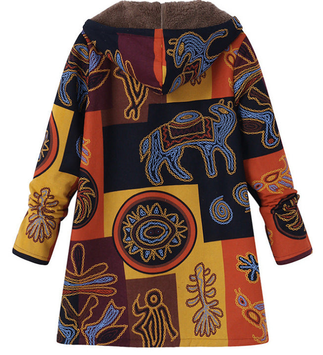 Retro Printed Hooded Zipper Coat With Large Pockets For Women