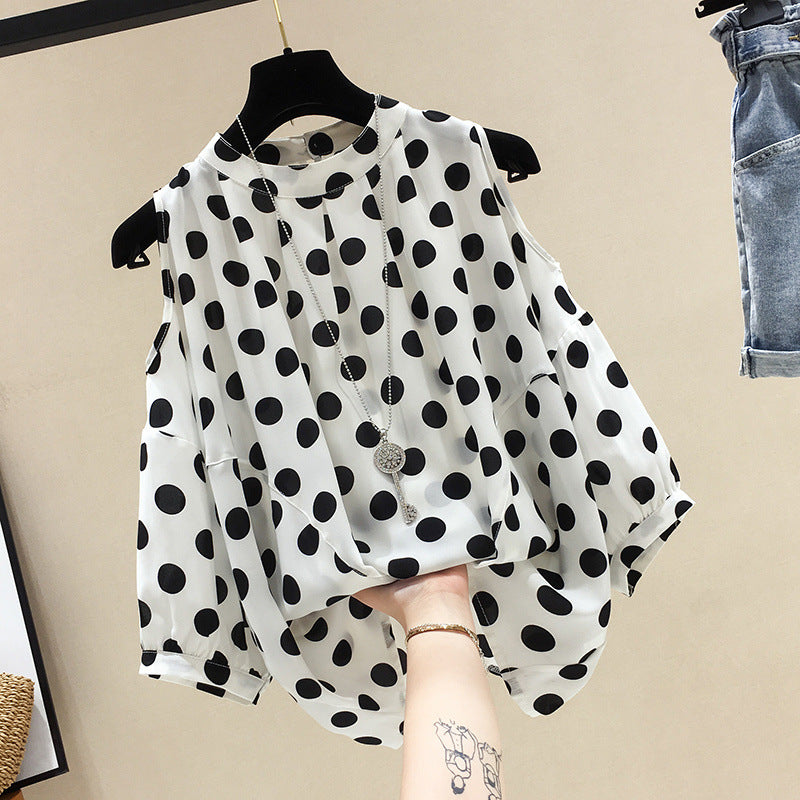 Women's Polka Dot Off-Shoulder Short Sleeve Flattering Chiffon Blouse