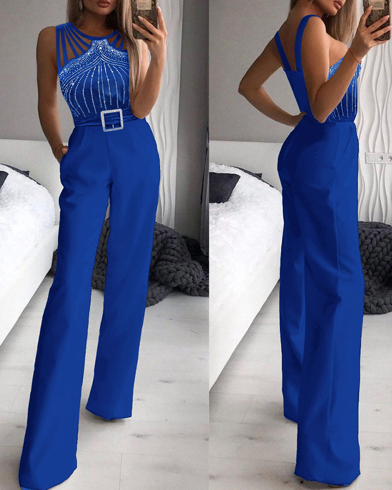 Rhinestone Strapless Slim Fit Jumpsuit With Waist Cinching Design