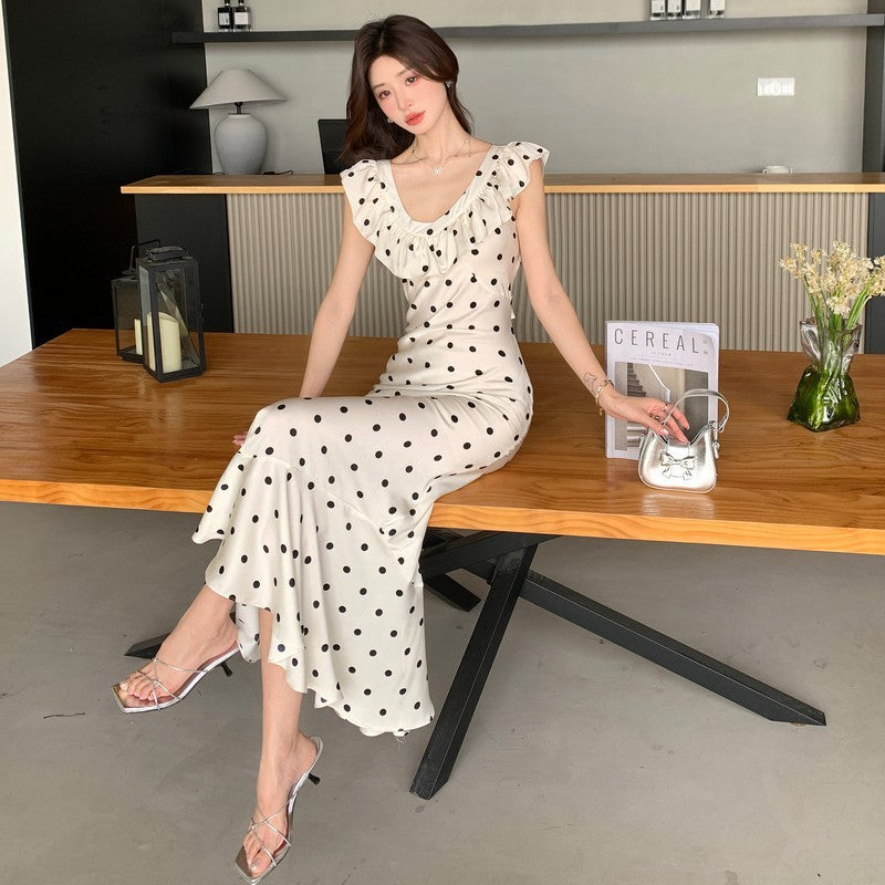 Backless Ruffle Polka Dot Dress with Flirty Summer Waist-Polka Dot Skirt-Theone Apparel