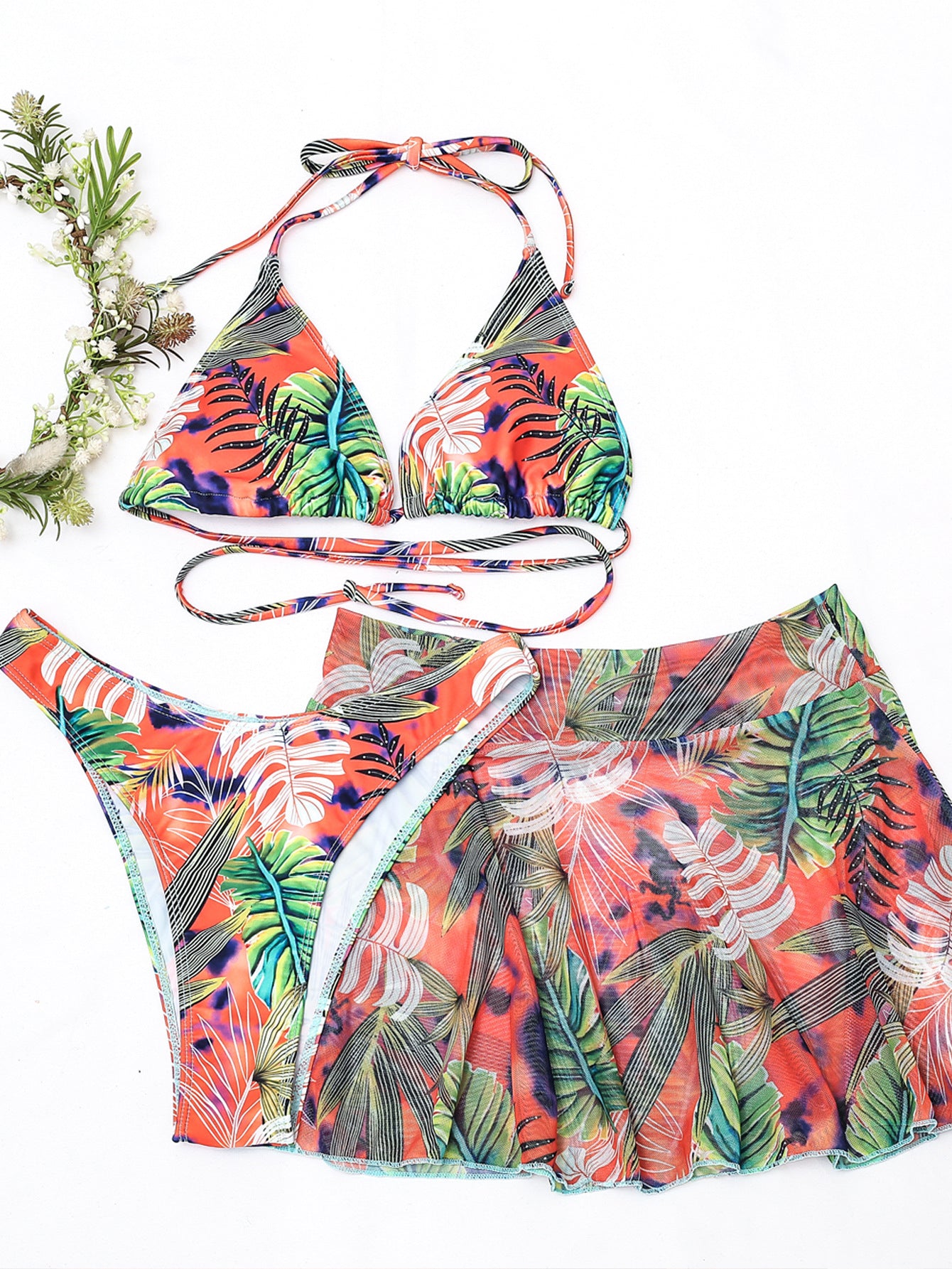 Big Flower Leaf Three-Piece Bikini for Empowered Style-Theone Apparel