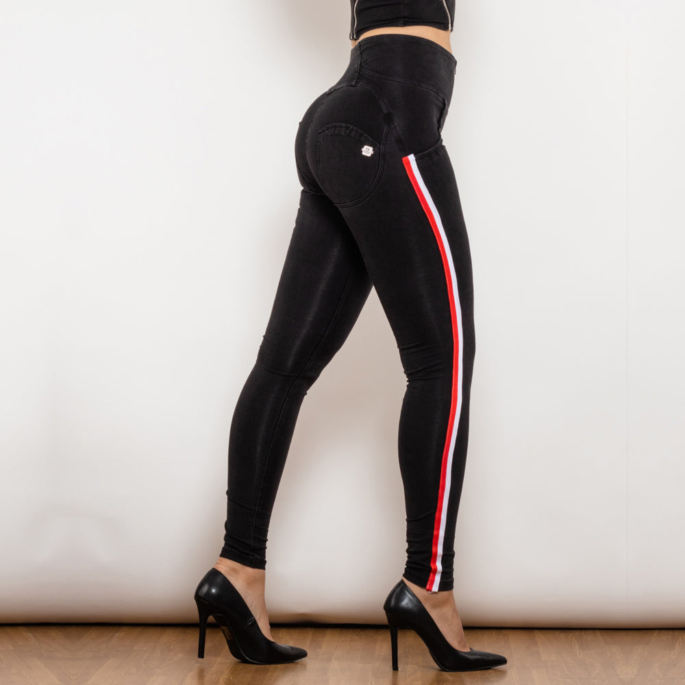 Black Stretch Pencil Jeggings with Striped Slim Design-Theone Apparel