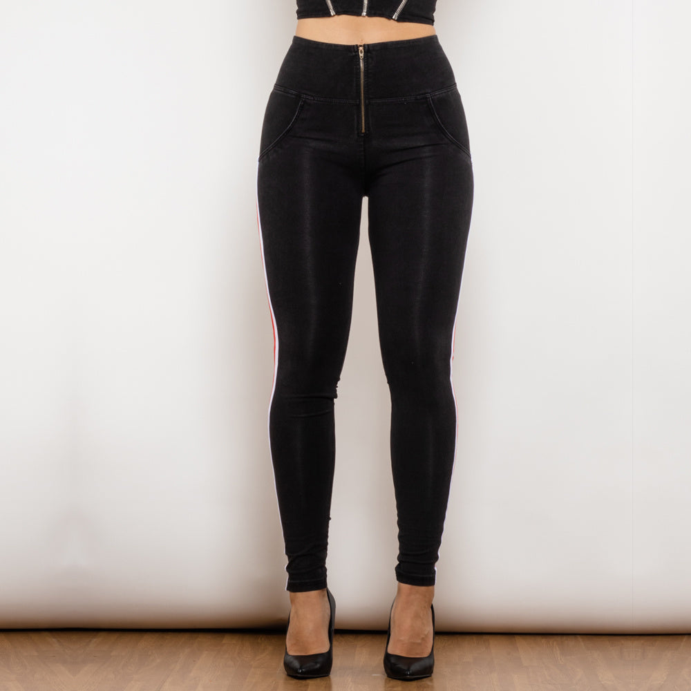 Black Stretch Pencil Jeggings with Striped Slim Design-Theone Apparel