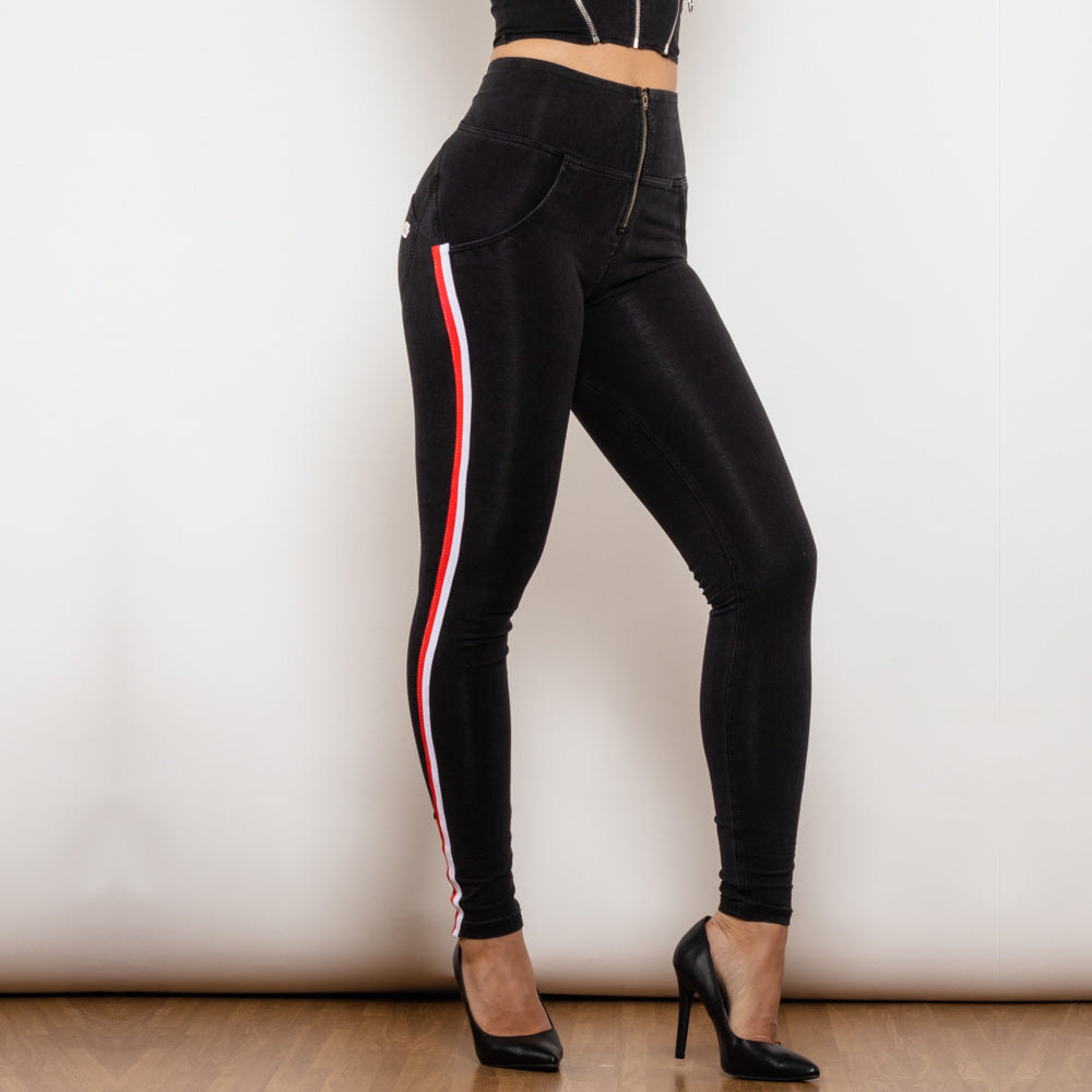 Black Stretch Pencil Jeggings with Striped Slim Design-Black-Theone Apparel