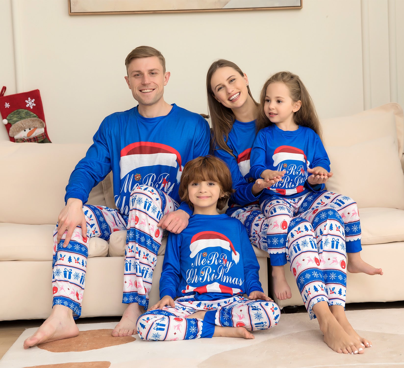 Blue and White Merry Christmas Matching Family Pajama Set-Theone Apparel