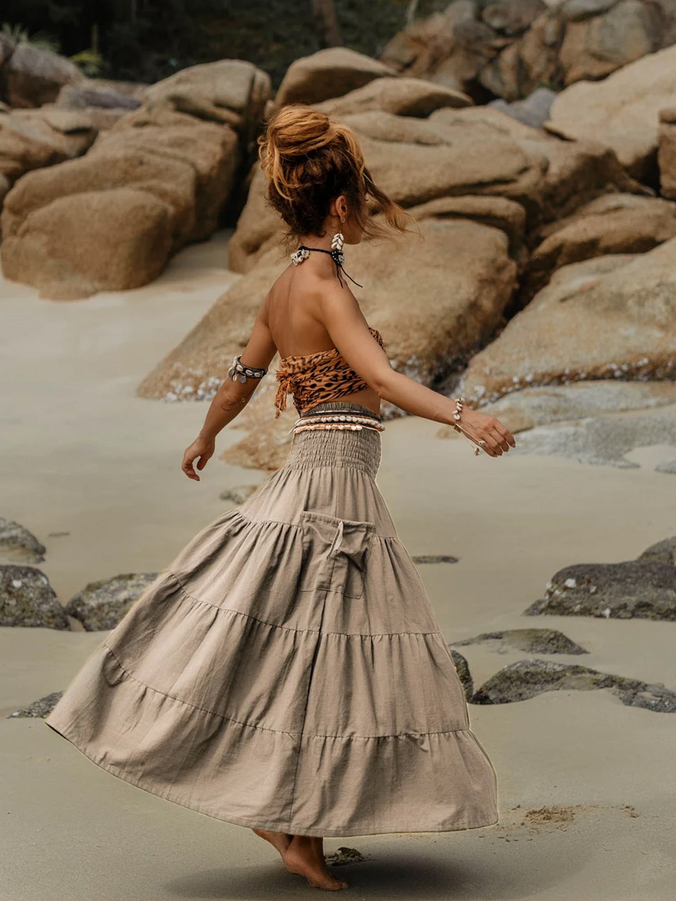 Bohemian Loose Solid Skirt For Relaxed Everyday Comfort-Light Khaki-Theone Apparel