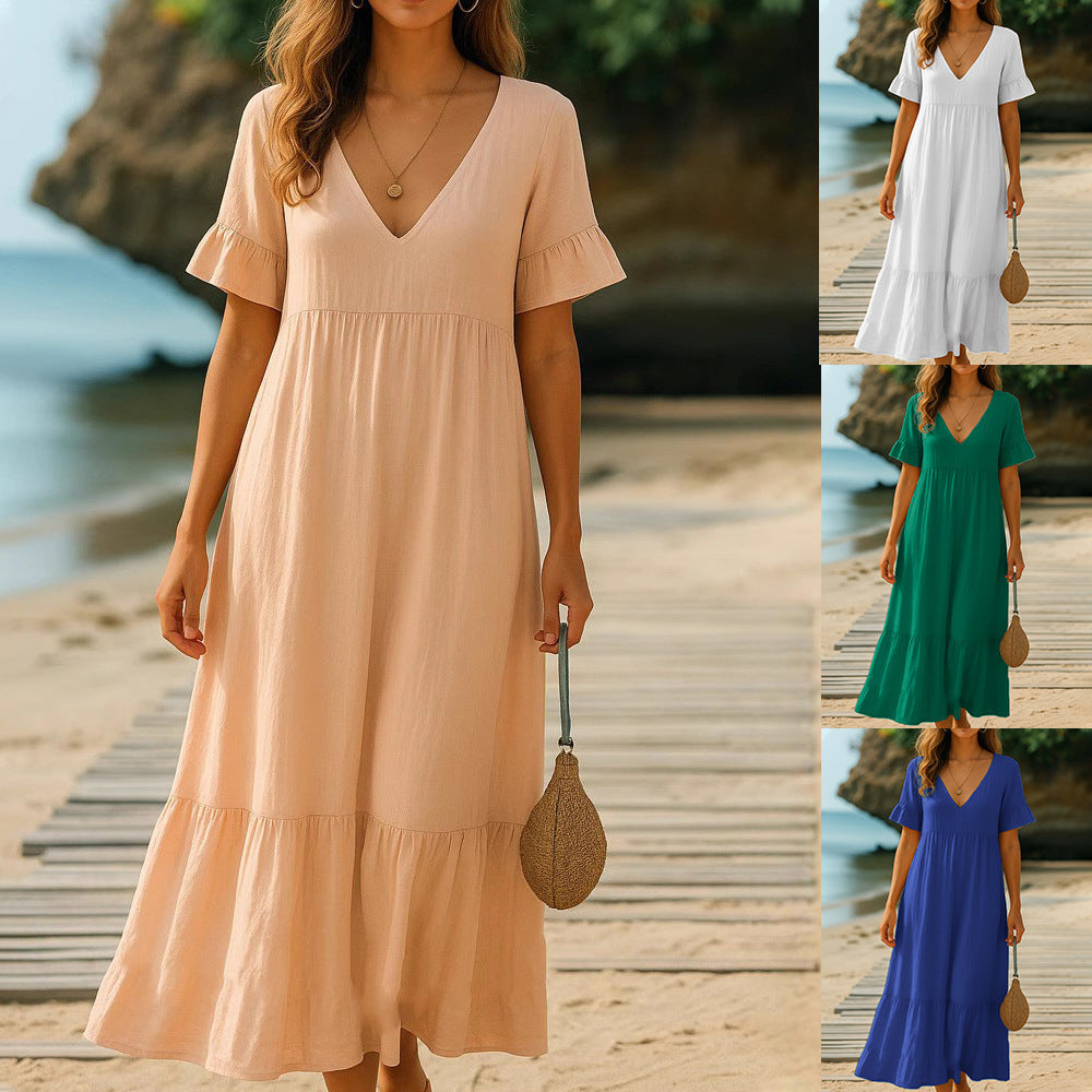 Chic V-Neck Solid-Color Dress with Multicolor Stitching Accents-Theone Apparel