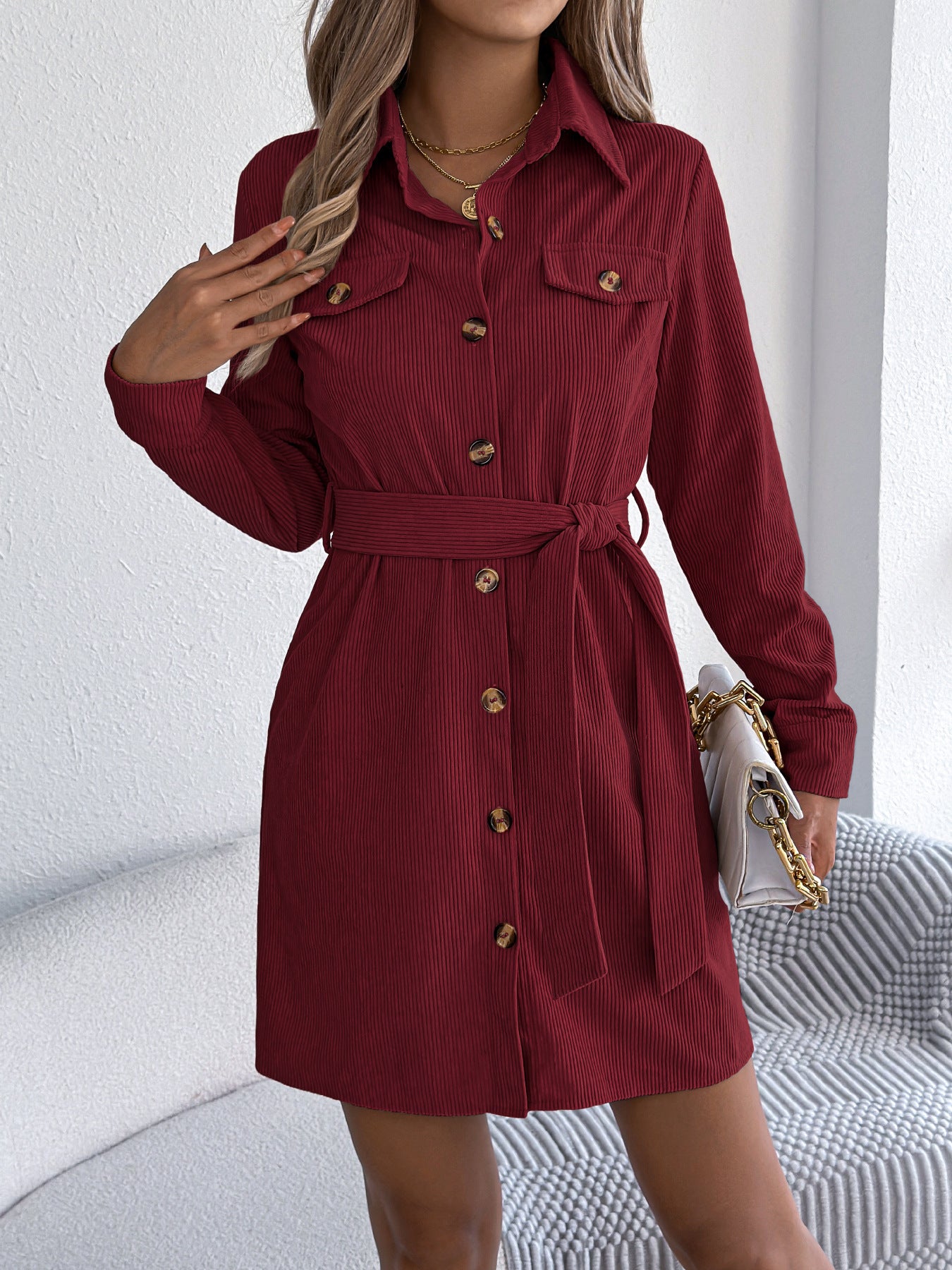 Cozy Corduroy Shirt-Dress with Lace-Up Detail and Single-Breasted Style-Maroon-Theone Apparel