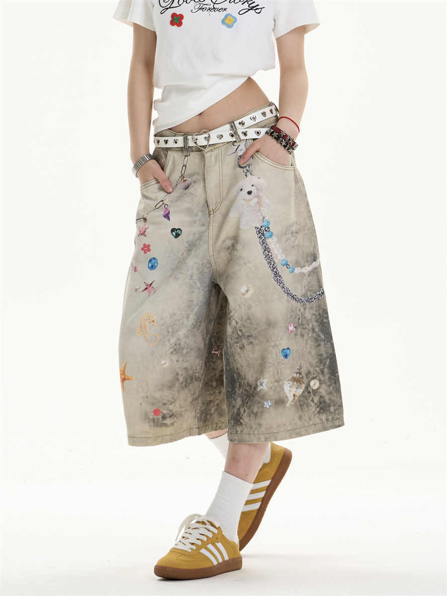 Creative Cropped Wide-Leg Jeans with Printed Art Flourish-Theone Apparel
