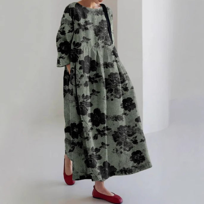 Creative Three-Quarter Sleeve Floral Dress with Relaxed Silhouette-Theone Apparel