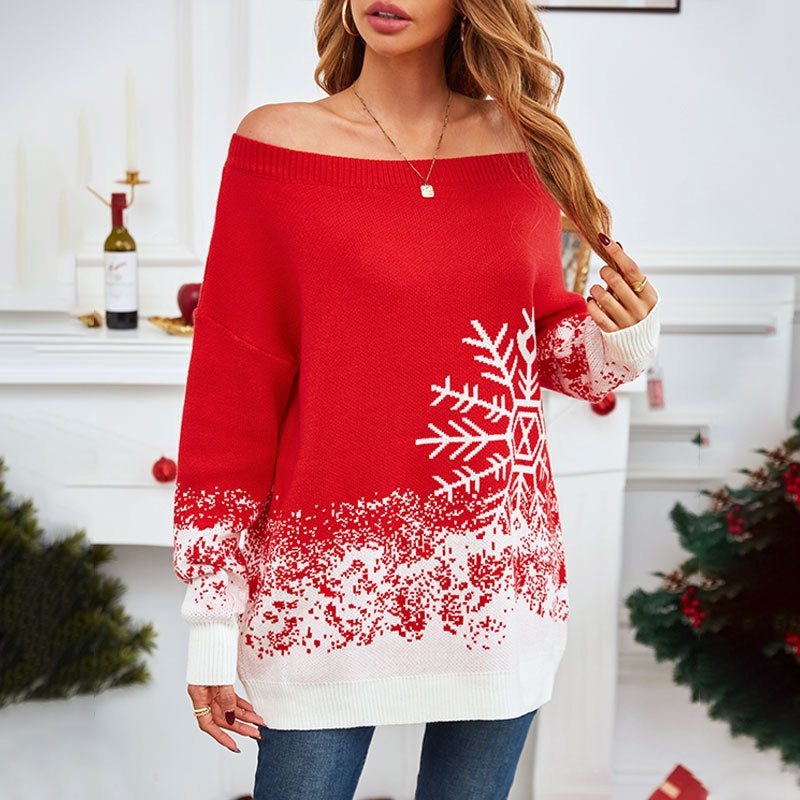 Cute Long Sleeve Slouchy Red Sweater with White Snowflake Details-Theone Apparel