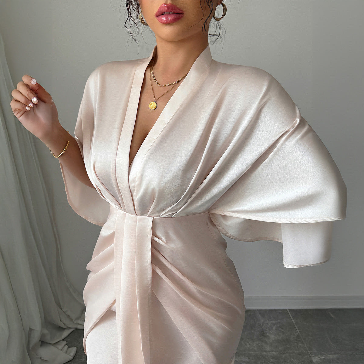 Deep V-Waist Hip Skirt Dress with Wide Sleeve Drama-Theone Apparel