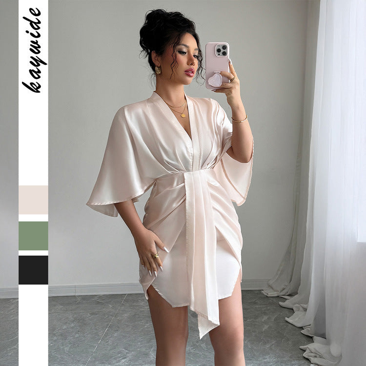 Deep V-Waist Hip Skirt Dress with Wide Sleeve Drama-Theone Apparel