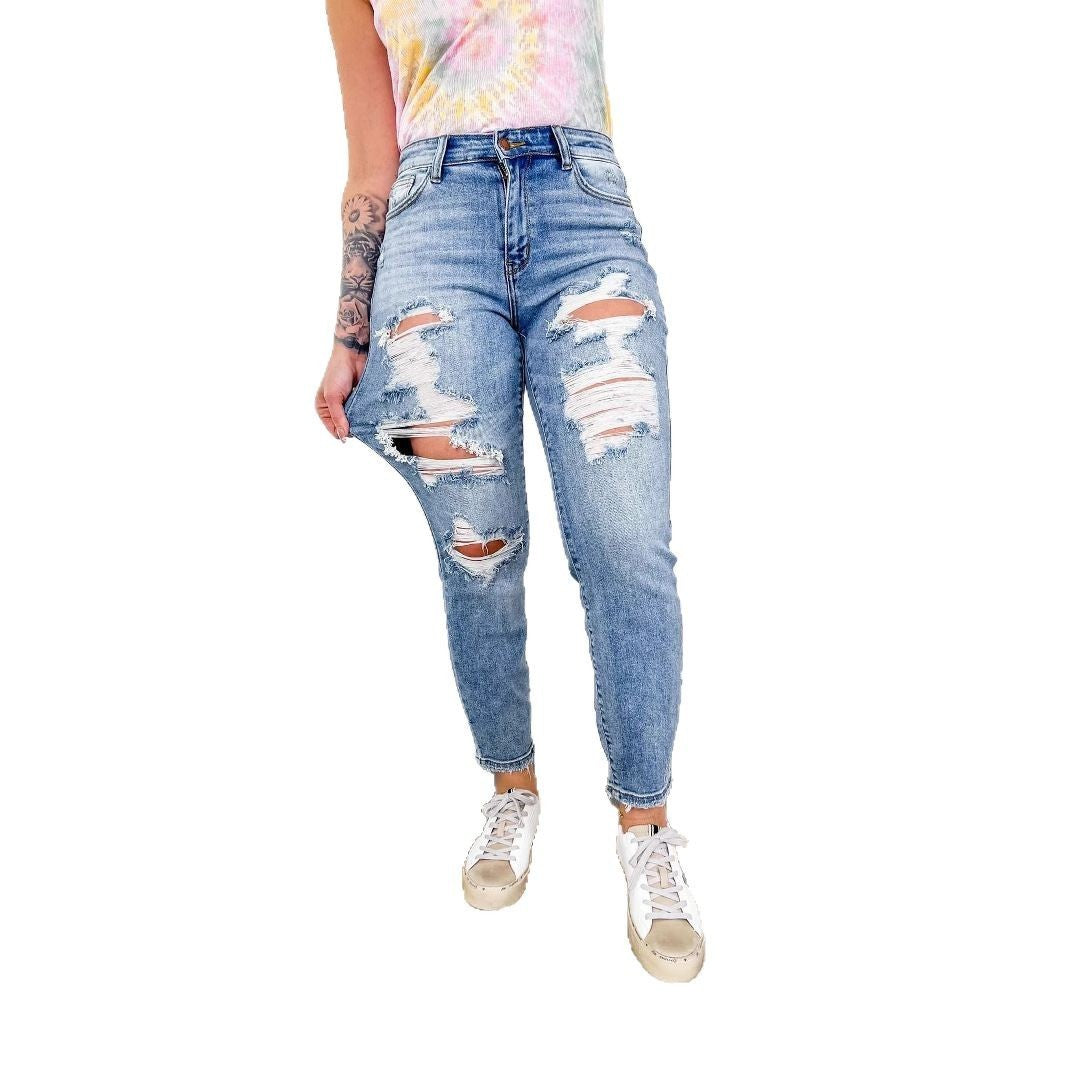 Distressed Light-Wash Skinny Jeans with Extended Knee Rips-Theone Apparel