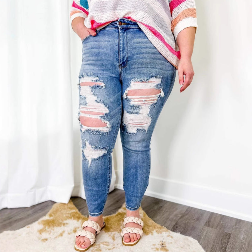 Distressed Light-Wash Skinny Jeans with Extended Knee Rips-Theone Apparel