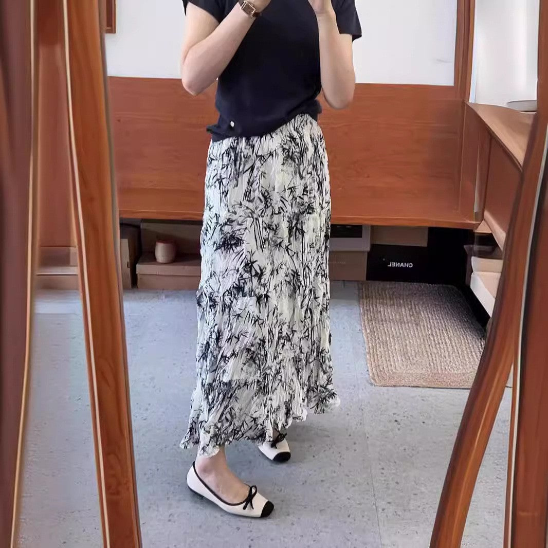 Elastic Waist A-Line Skirt Dress For Comfortable Chic-White Jade Ink-Theone Apparel