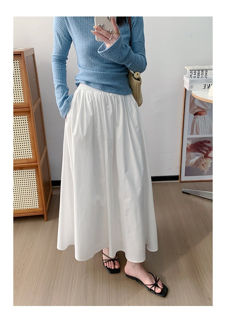 Elastic Waist Mid Length Skirt For Versatile Everyday Wear-White-Theone Apparel