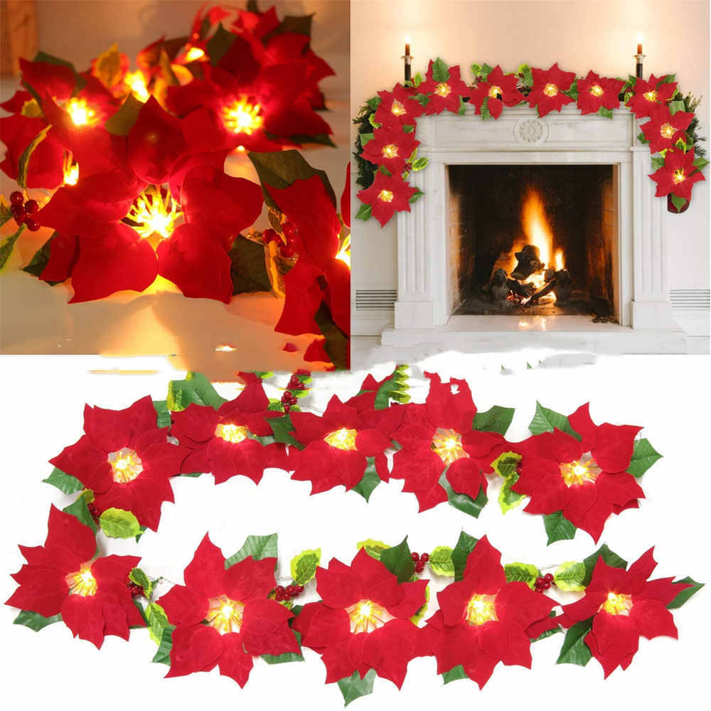Elegant Christmas Red and Green Floral Garland Decoration-3M 15 light-Theone Apparel