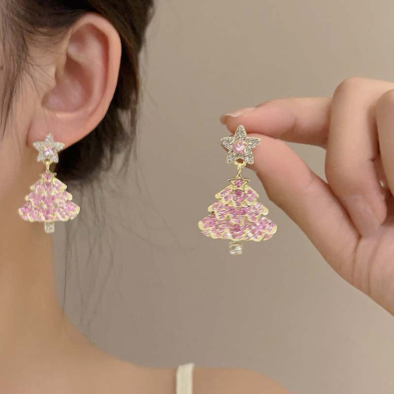 Elegant Christmas Tree Stud Back Dangle Earrings with Jewels-Theone Apparel