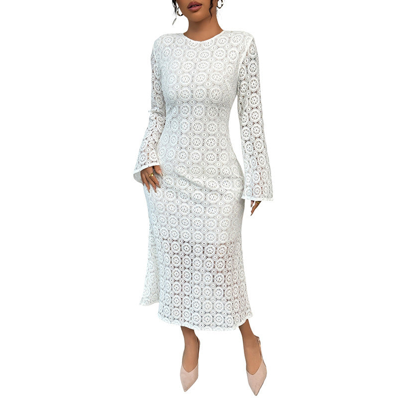 Elegant Lace Fishtail Dress with Alluring Flared Slim Silhouette-White-Theone Apparel