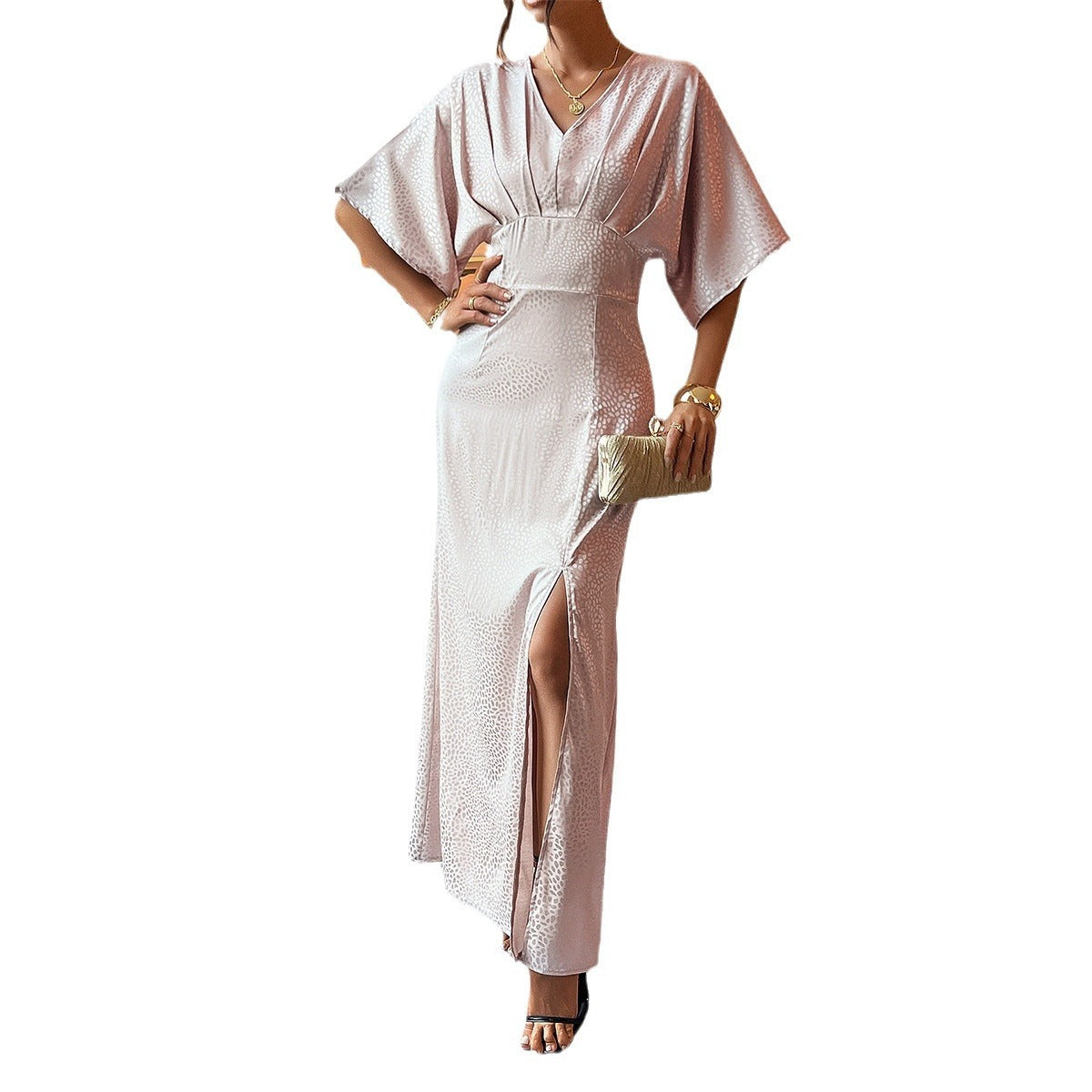 Elegant Midi Split Dress with Retro Short Sleeves and Charm-Theone Apparel