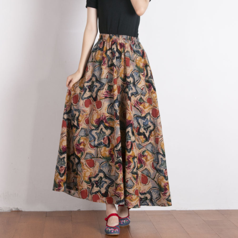 Ethnic Style Cotton Linen Swing Skirt With Elastic Waist-Brown with Stars-Theone Apparel