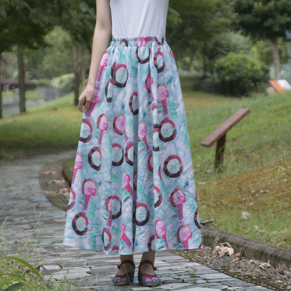 Ethnic Style Cotton Linen Swing Skirt With Elastic Waist-Blue with Pink Circles-Theone Apparel