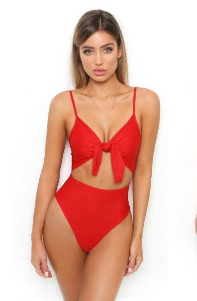 Explosion Model Tie-Knot One-Piece Swimsuit with Padded Chest Support-Red-Theone Apparel