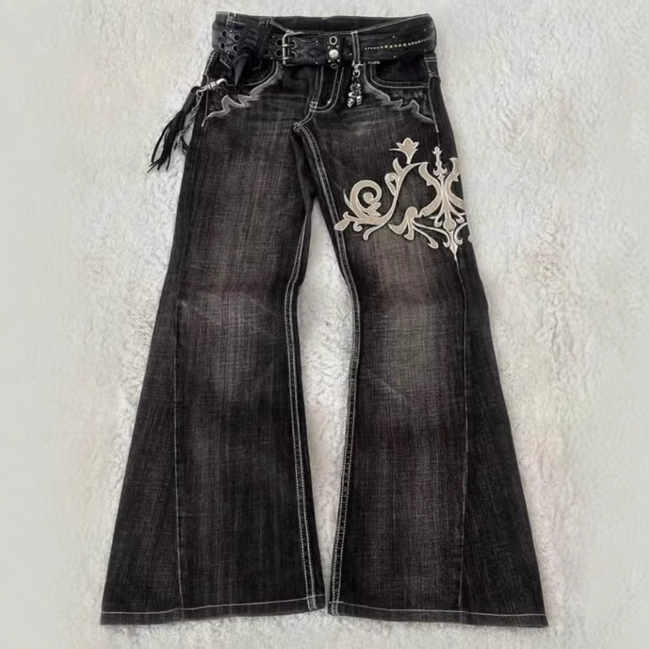 Fashion Embroidered Jeans with Machine-Stitched Elegance-Black-Theone Apparel