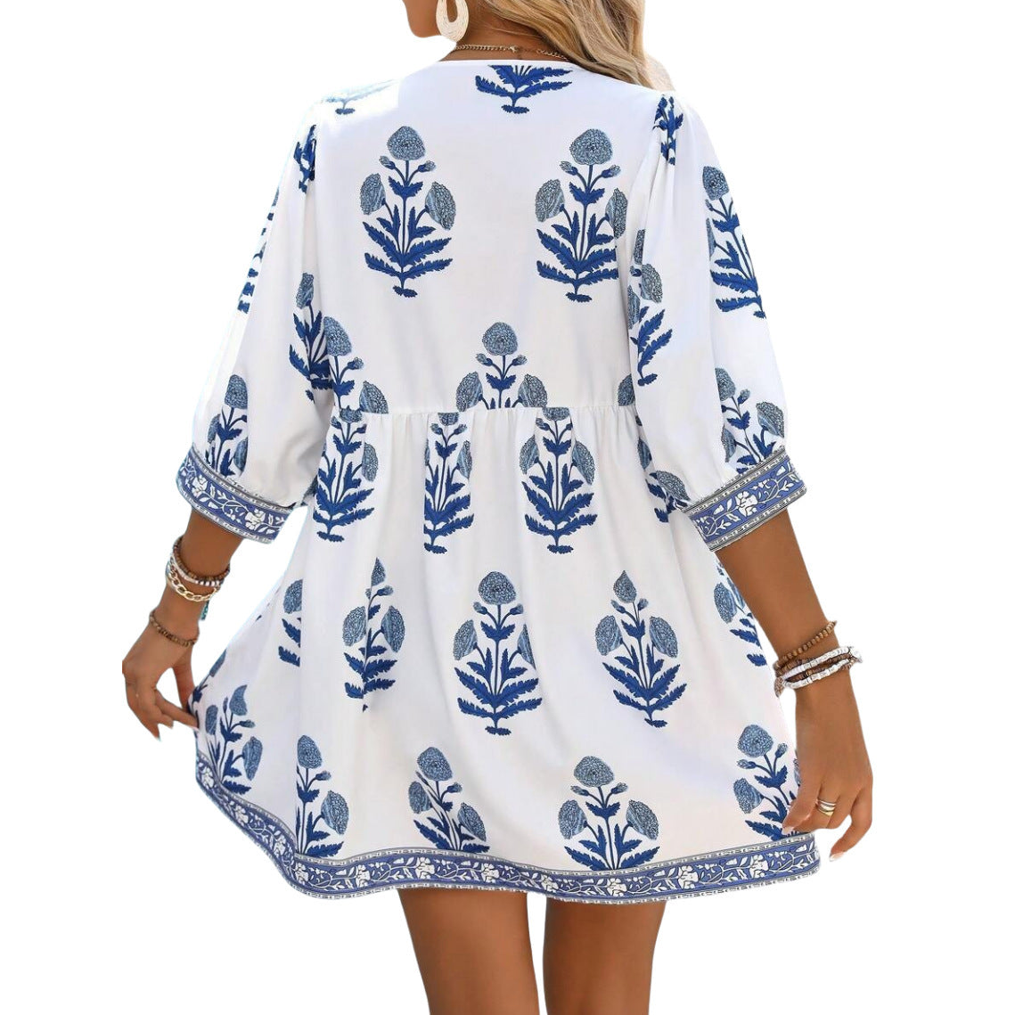 Festival-Ready Plant Print Dress with Boho Holiday Vibes-Theone Apparel
