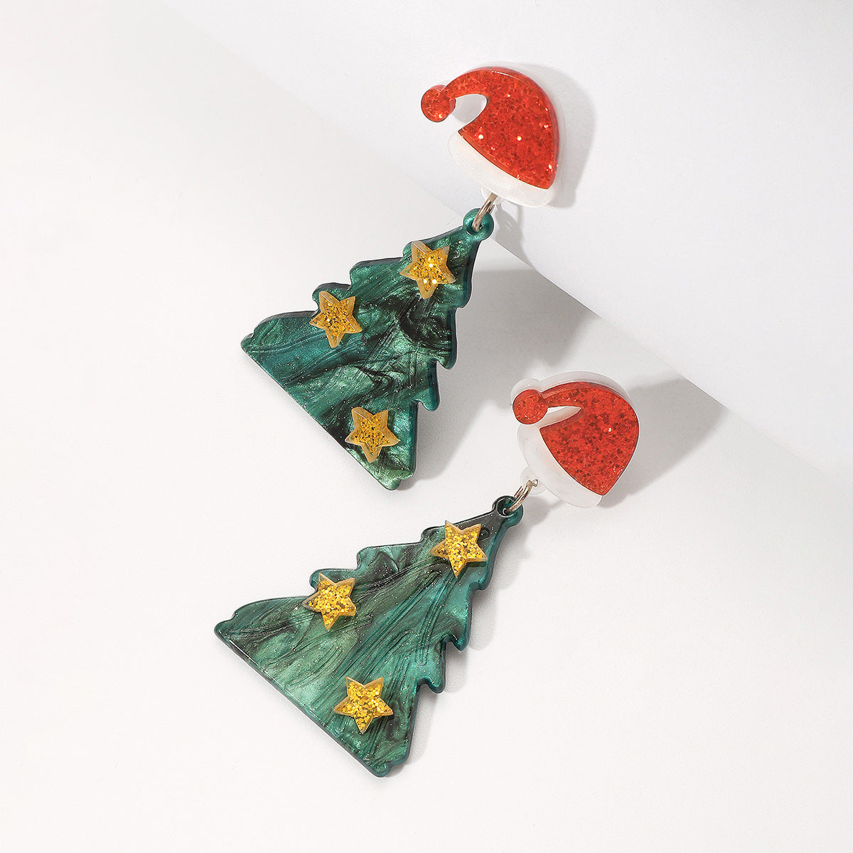 Festive Christmas Tree Dangle Drop Earrings with Santa Hat Stud-Theone Apparel