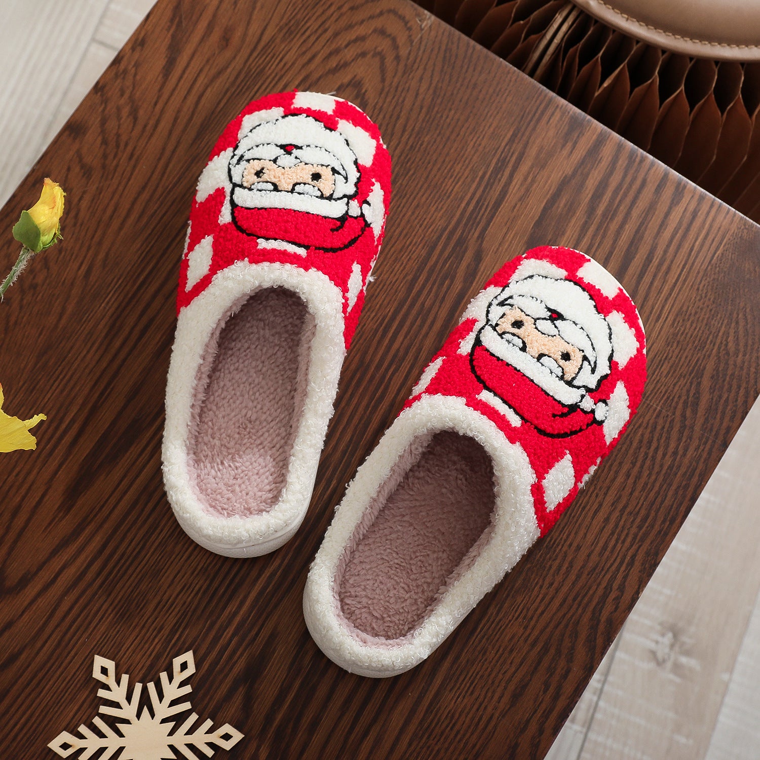 Festive Red and White Checkered Santa Claus Fleece Slipon Shoes-Theone Apparel