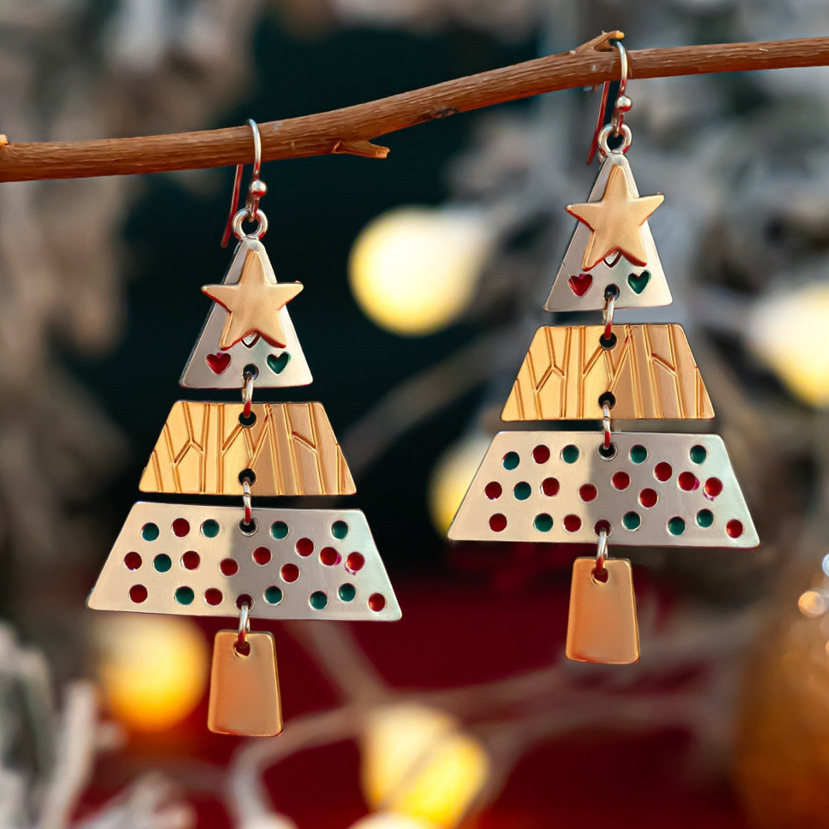 Festive Triple Tier Christmas Tree Dangle Earrings and Pendant Necklace Set-Theone Apparel