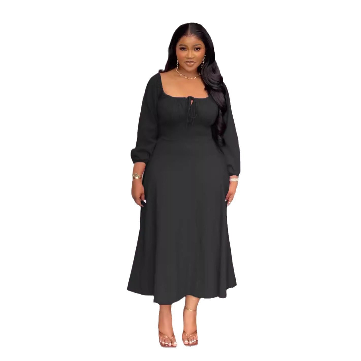Flattering Cinched Waist A-Line Dress with Timeless Grace-Black-Theone Apparel