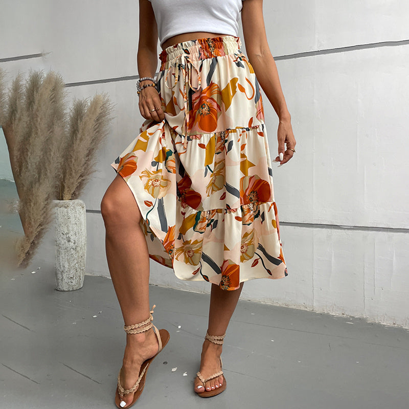 Floral Tiered Midi Skirt With Elastic Waist For Boho Charm-Theone Apparel