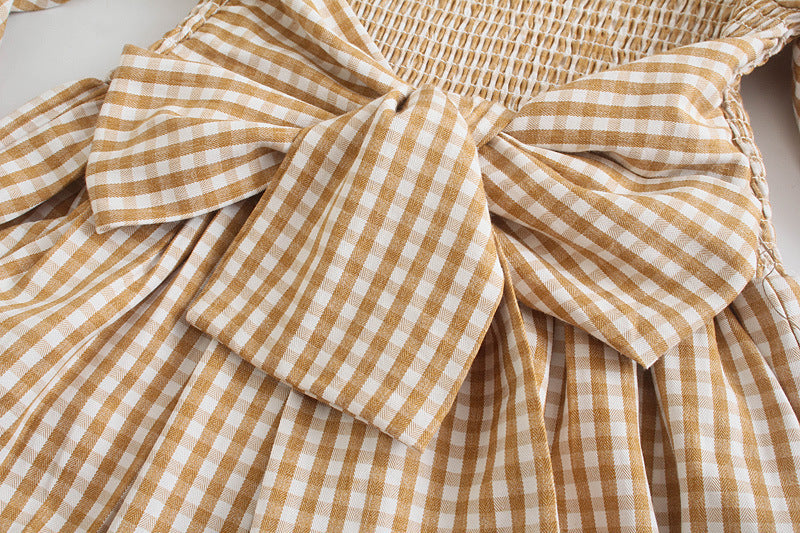 Flowy Khaki Plaid Dress with Elastic Waist for Leisure Wear-Theone Apparel