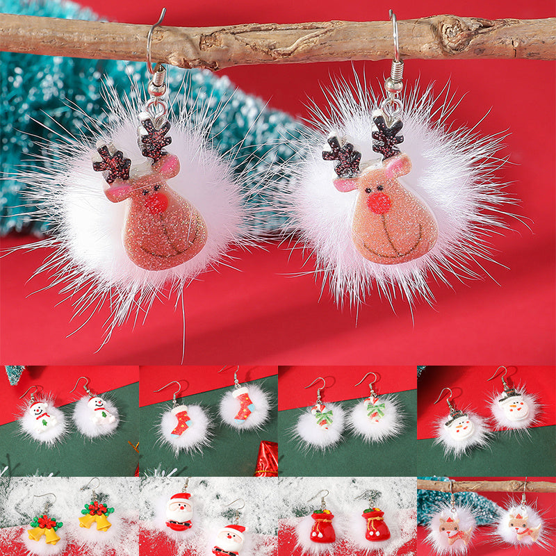 Flufffy Christmas Themed Puffball Earrings in Various Patterns-Theone Apparel