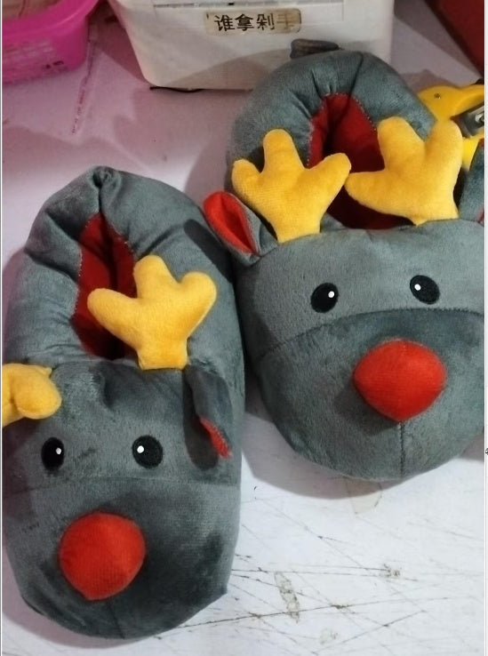 Full Foot Slip On Reindeer House Slippers with Warm Fleece Lining-Grey-Theone Apparel