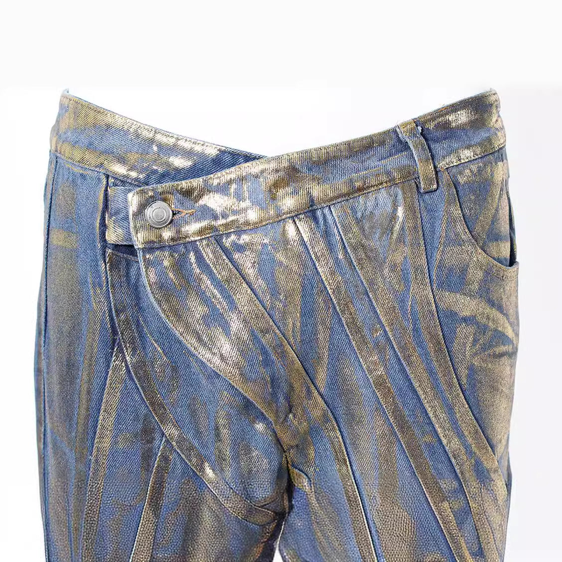 Gilded Slant-Buckle Jeans with Silver Brush Detailing-Theone Apparel