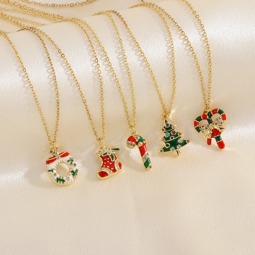 Gold-Tone Christmas Enamel & Rhinestone Chain Pendant Necklace in Assorted Styles-Theone Apparel