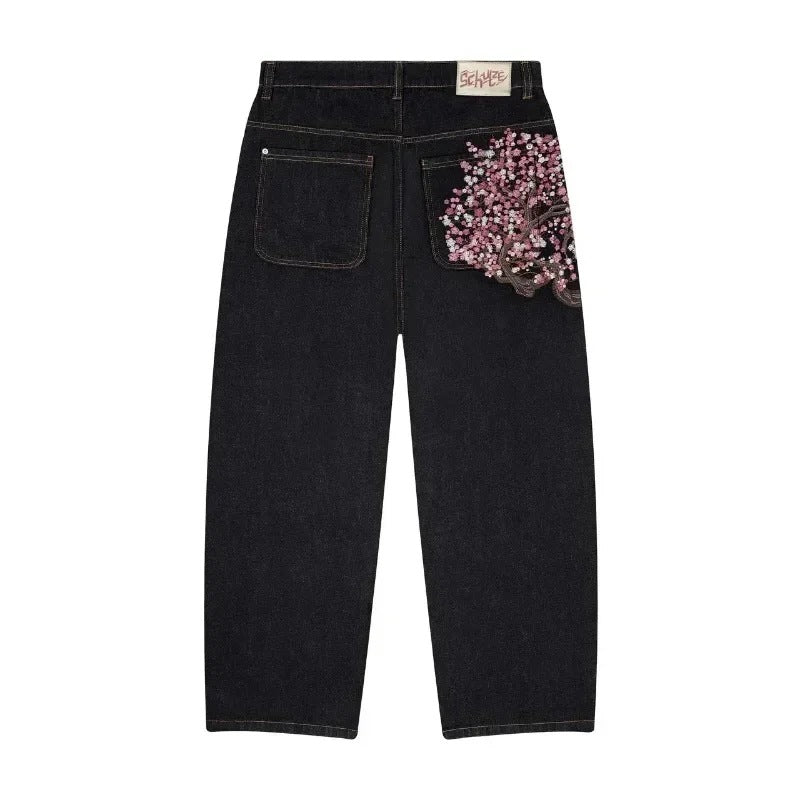 High Waist Jeans With Fashion Embroidery Pattern-Black-Theone Apparel