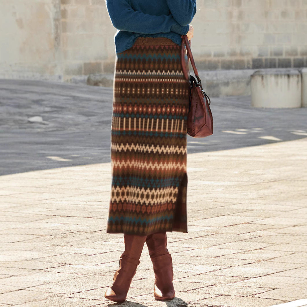 High Waist Printed Slit Skirt For Confident Modern Style-Brown-Theone Apparel