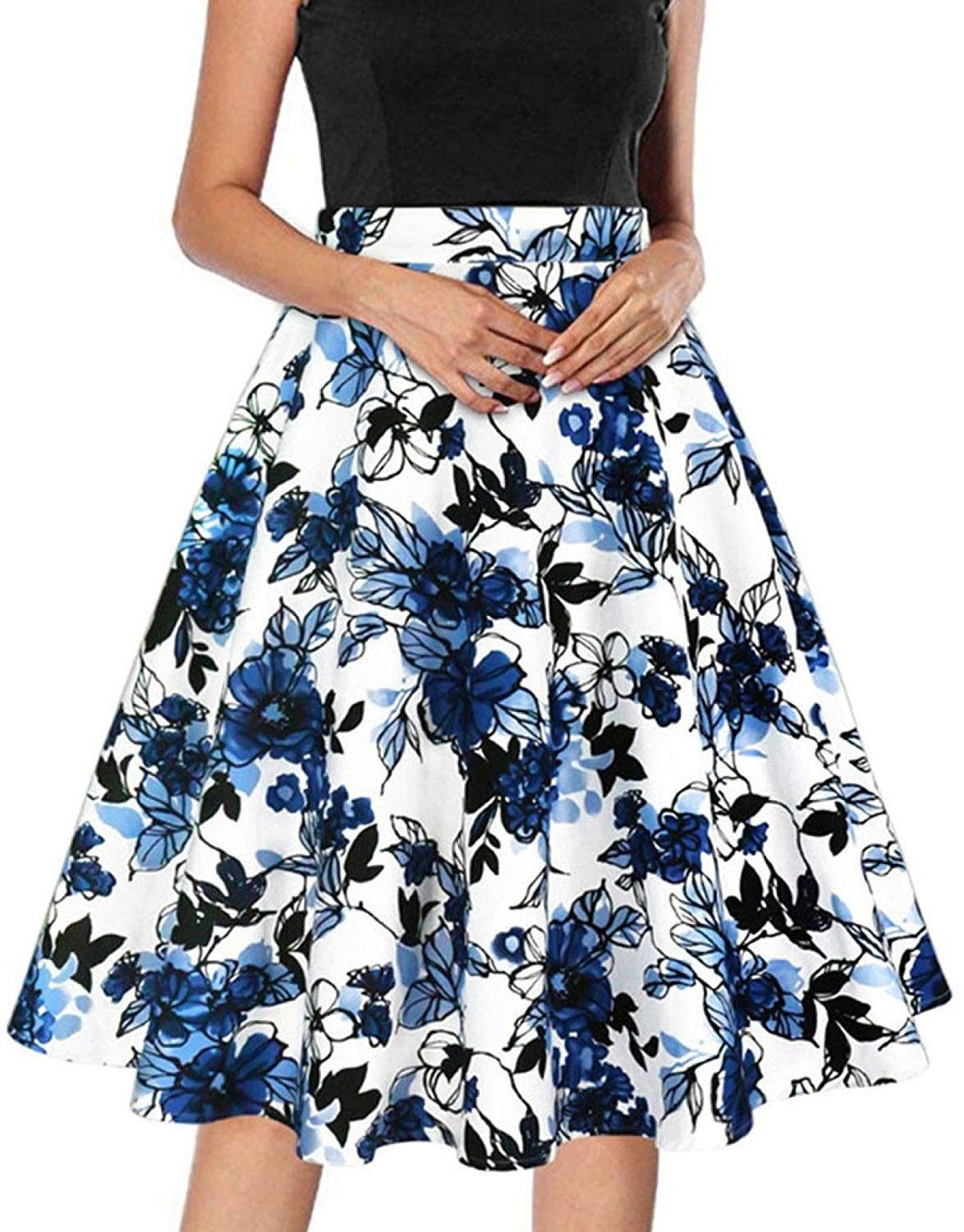 High Waist Watercolor Floral Skirt-White/Blue-Theone Apparel