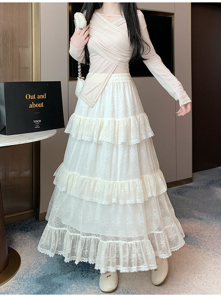 Lace Cake Dress With Net Falbala Bubble Skirt-Theone Apparel